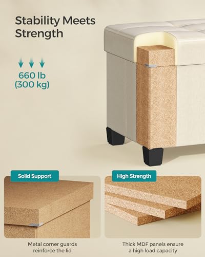 SONGMICS Storage Ottoman Bench, Foldable Foot Rest with Legs | End of Bed Bench, Storage Chest, 43.3 x 15 x 15.8 Inches, Load up to 661.4 lb, Cream, MELISA Collection ULSF018W01 - color: Cream White, style: without Flipping Lid