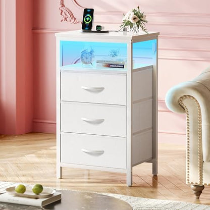 Huuger Night Stand with Charger Station and LED Lights, 3 Drawer Nightstand | Bed Side Table with Open ShelfEnd TableTall Fabric Dresser for Bedroom, PU Leather, White - color: White, size: 11.8"D x 15.7"W x 27.6"H（3 Drawers）