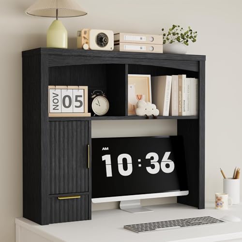 Desk Hutch Shelf, Desktop Shelf Organizer 37 inch Wide Desktop | Bookshelf 2-Tier Wood Hutch Bookcase Organizer with Drawer Dorm Table Shelves Desk Shelf Office Bookshelf with Storage-Black - color: Black, size: 37"