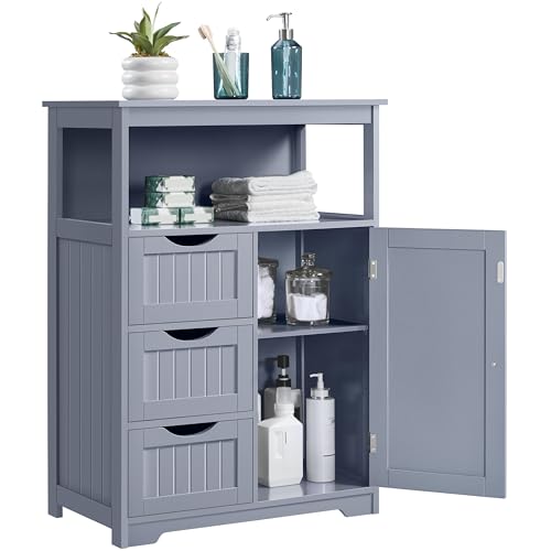 Yaheetech Large Freestanding Bathroom Storage Cabinet with 3 Drawers, Gray | Wooden Floor Cabinet Organizer for Towels, Linens and Cleaning Supplies, Beadboard Fronts, Open Cubby, Adjustable MDF Shelf - color: Grey, size: 14"D x 26"W x 35.5"H