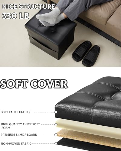 2PC Ottoman with Storage,17" Leather Folding Foot Rest Stool,Black | Small Ottoman with Side Pockets, Thicker Foam Padded Seat, 17 * 13 * 13 Inch, Livingroom, Dorm, Bedroom, Entryway - color: Black-2pc