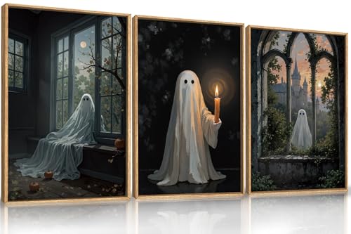 LHIUEM Large Halloween Cute Ghost Framed Canvas Wall Art Set,Vintage Spooky Wall Decor,Retro Dark Prints,Midnight Candle Poster Artwork for Living Room,Bathroom,Dining Room -16"x24"x3 - color: Halloween Cute Ghost Wall Art, size: 24"L x 16"W