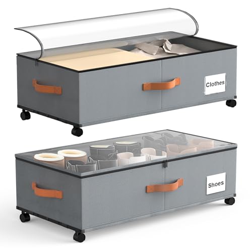 Eastherry Under Bed Storage Containers with Wheels, 9.5 inches Higher Underbed Shoes Blankets Clothes Toy Storage Drawers for College Dorms Bedrooms Nursery Rooms Organization, 2 Pack to be Assembled - color: Grey