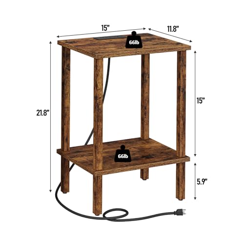 TUTOTAK End Table with Charging Station, Side Table Set of 2, Nightstand | 2-Tier Storage Shelf, Bedside Table with USB Ports, Sofa Table for Small Space, Livingroom, Bedroom Brown TB01BB041C - color: Pure Brown