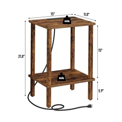 TUTOTAK End Table with Charging Station, Side Table Set of 2, Nightstand | 2-Tier Storage Shelf, Bedside Table with USB Ports, Sofa Table for Small Space, Livingroom, Bedroom Brown TB01BB041C - color: Pure Brown