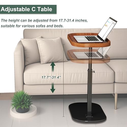 Adjustable Height C Shaped Side Table, Couch Tables That Slide Under, C Side Table Raised Edge, 360°Swivel C Shaped End Table, Small Coffee C Table, End Table for Sofa/Bed/Bathtub - color: Walnut