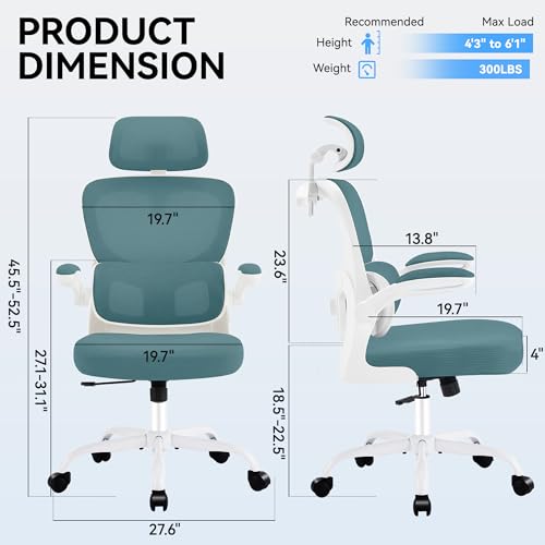 Office Chair Ergonomic Desk Chairs with Adjustable Lumbar Support& Headrest Hanger, High Back Breathable Mesh Chair with Wheels, Rolling Swivel Comfy Task Computer Chair for Home Work Gaming - color: Aqua