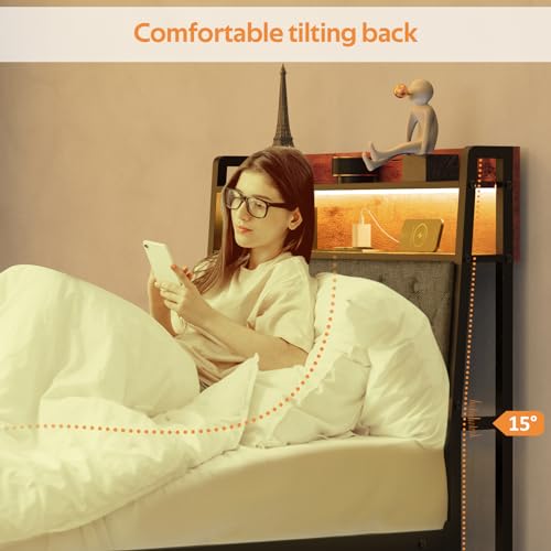 Winkalon Twin Metal Bed Frame with RGB Lights, Charging Station, Upholstered Headboard, Storage Shelves & Under Bed Space, Powder Coated, 250 lbs Capacity - size: Twin