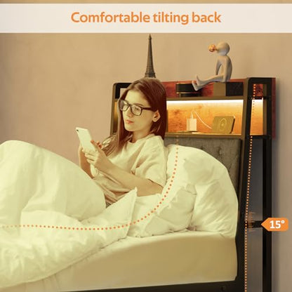 Winkalon Twin Metal Bed Frame with RGB Lights, Charging Station, Upholstered Headboard, Storage Shelves & Under Bed Space, Powder Coated, 250 lbs Capacity - size: Twin