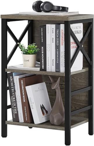 MNEETRUNG Small Bookcase,3 Tier Industrial Bookshelf with Metal Frame and Backboard,Low Grey Book Shelf,Book case for Small Spaces,Living Room,Bedroom and Home Office - color: Grey, size: 3-Tier (15.7"W x 11.8"D x 27.6"H)