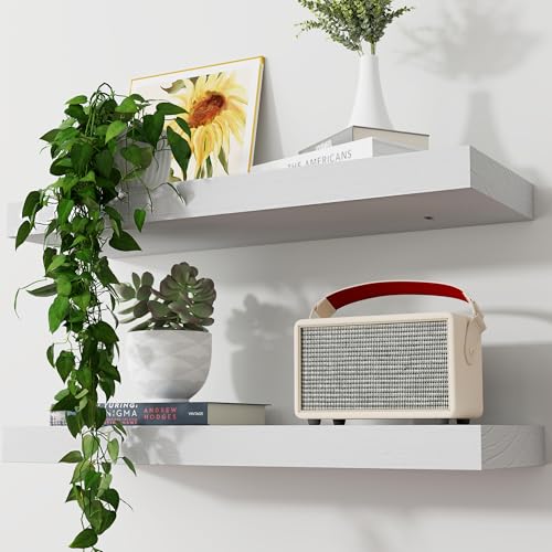 Floating Shelves, 2 Pack 8 Inch Deep Rustic Solid Wood Wall Shelves for Storage, Wall Mounted Display Shelving with Invisible Heavy-Duty Metal Bracket, 24" W x 8" D x 1.6" H, Distressed White - color: Distressed White, size: 24" W, 2-Pack