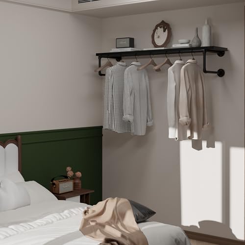 Clothes Rack 48in, Wall Mounted Garment Racks with Real Black Wood Shelf, Heavy Duty Hanging Clothes Rack, Multi-Purpose Hanging Rod, Space-Saving Closet Storage - color: Black, size: 1T48IN