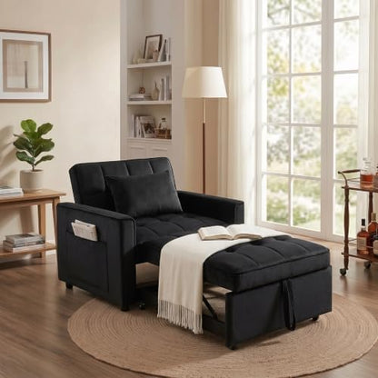 Sleeper Chair with Pull Out Bed, 3 In1 Convertible Chair Bed, Black | Adjustable Backrest with Multiple Reclining Positions, Soft Cushioning, Handy Side Pocket, Perfect for Everyday Lounging - color: W-black-m2