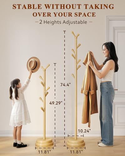 STARSAGA Solid Wood Coat Rack Freestanding Coat Tree with 8 Hooks | Adjustable Height Heavy Duty Coat Rack with Rounded Hooks & Dual-Layer Base, Holds Coats Hats Bags for Entryway, Bedroom - color: Natural