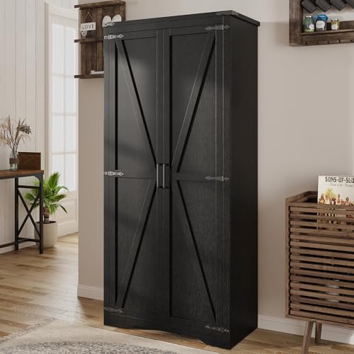 Befrases Black Farmhouse Storage Cabinet with Adjustable Shelves, Large Pantry Organize with 2 Barn Doors, Tall Freestanding Cabinet for Kitchen, Bathroom, Garage, Basement, Living, Utility Room - color: Black, size: 1 Pack