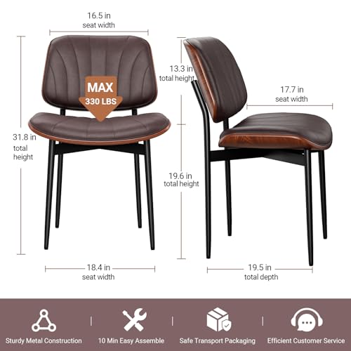 Dining Chairs Set of 2, Mid-Century Modern Upholstered PU Leather Chairs | with Walnut Bentwood Back and Metal Legs Adjustable Feet for Kitchen Dining Room, Dark Brown Shell Strips - color: Dark Brown Shell Strips