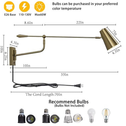Adjustable Direction Swing Arm Wall Lamp, Gold, 33 Inch | Rotatable Activity, Dual Power Modes Plug-in/Hardwired, Indoor Large Wall Mounted, For Bedroom Living Room Dining Room - color: Dold