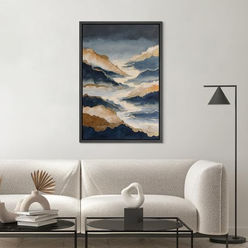 SIGNWIN Framed Canvas Print Wall Art Blue and Gold Abstract Mountain Modern Navy and Gold Foil Landscape Illustrations Modern Art Multicolor for Living Room, Bedroom, Office - 16"x24" BLACK - color: B07-2605-M30, size: 24"L x 16"W