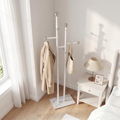 Bedroom Coat Rack Freestanding, Heavy White Marble Base | 1.0mm thickened white metal tree with 8 stainless steel hooks. Anti-toppling organizer for modern bedroom & living room. - color: all white