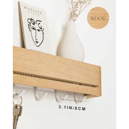 Key Holder Wall Mount with Shelf | 17 inch | Oak | 5 Retractable Hooks | Minimalist | Space-Saving | Modern Wall Coat Hooks | Wooden Key Rack for Entryway & Hallway - color: Oak