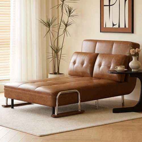 39.4" Brown Faux Leather Futon Sofa Bed Metal Legs Apartment | 2‑Position Adjustable Backrest, Space‑Saving Layout, Apartment‑Friendly, Multi‑Guest Unit, For Living Room & Home Office - size: 39.4"