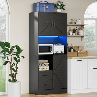 Farmhouse Kitchen Pantry Cabinet with LED Lights and Power Strip, Tall Kitchen Storage Cabinet, Kitchen Hutch with Microwave Stand & Barn Doors and Drawers for Dining Room - color: Black, style: Modern