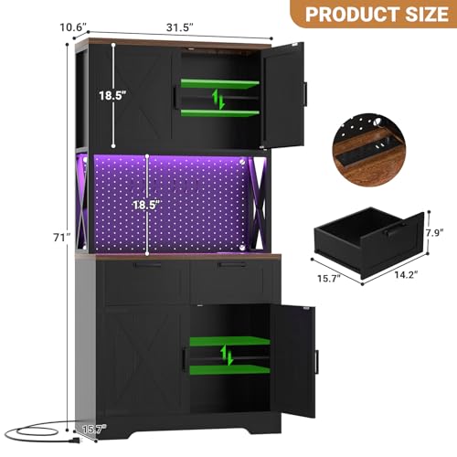 Unikito 71" Tall Kitchen Pantry Cabinet with Microwave Countertop, Black | Freestanding Storage Cabinet Kitchen Hutch with Charging Station & LED Lights, Drawers & DIY Pegboard for Dining Room - color: Black, size: 32 Inch