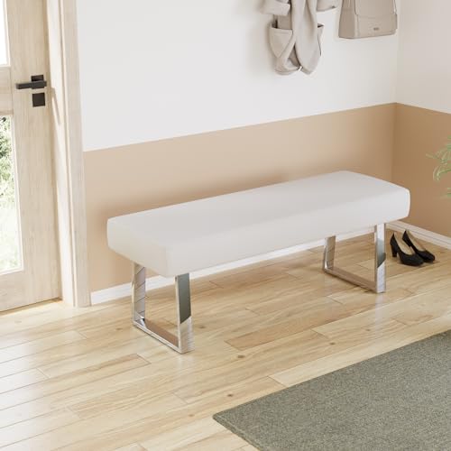 JIEXI 45.3" Upholstered PU Leather Bedroom Bench Footstool with Metal Legs | Sturdy Silver Plated Chrome Legs, Padded Seat, Space Saver, for Bedroom Entryway Living Room Window - color: White, size: 45 IN