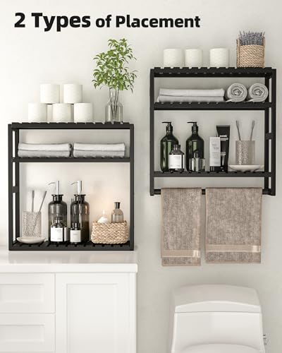 Galood Bathroom Shelves Towel Racks Over Toilet Storage with Bar (Inky) | 3 Tier Floating Wall Mounted Space Saving Bamboo Paper Holder for Bathroom Laundry Room Kitchen Organizers