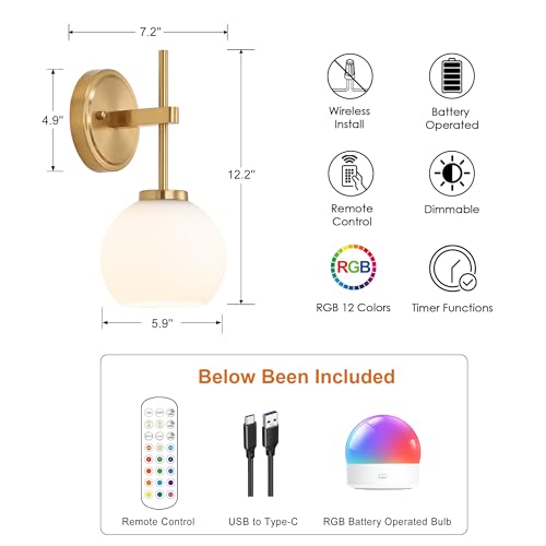 Gold Battery Operated Wall Sconce Set of 2, Wireless Rechargeable Sconces Wall Lighting with Remote Control, LED Dimmable Wall Lights with Opal White Glass Shade, 12 Colors RGB & 3 CCT Bulb - color: Gold & Opal Glass, size: Battery 12 Inch