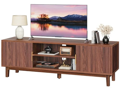 54 Inch Fluted TV Stand for TVs Up to 55, 60 Inch, Mid Century Modern Entertainment Center with Storage, TV Console with Adjustable Shelves, Midea Console for Living Room Bedroom, Brown - color: Walnut