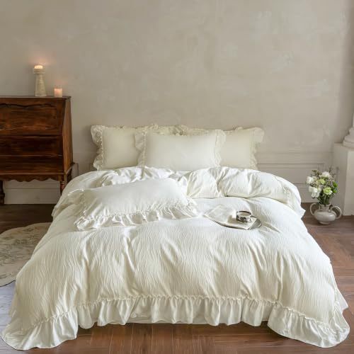 3 Pcs Vintage Cream Wavy Textured Ruffle Full Size Duvet Cover, Zipper&Ties | French Country Shabby Chic Aesthetic Comforter Cover, Soft Breathable Jacquard Romantic Fringe Princess Girls Bedding Set - color: A Wavy Cream, size: Full(Duvet Cover and 2 Pil