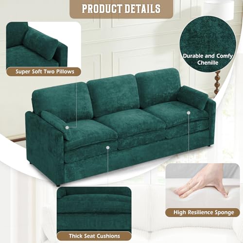 89" Chenille 3 Seats Sofa with 2 Pillows, Teal | Modern Upholstered Sofa with Deeper Seats, Comfy Sofa with Thickened Cushions for Living Room, Apartment - color: Teal, size: Sofa