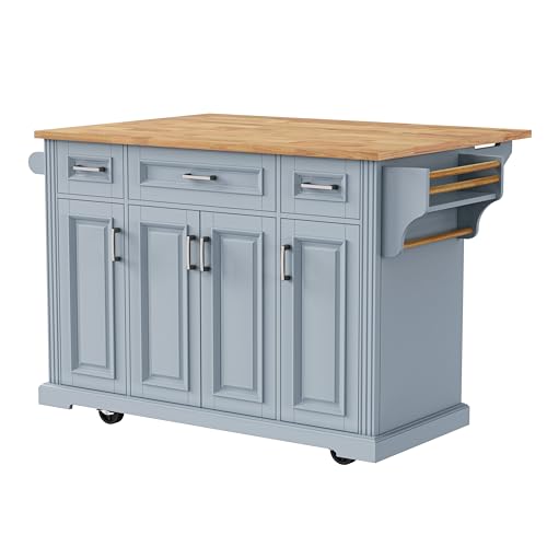 54inch Large Kitchen Island with Rubber Wood Drop Leaf,Embossed Texture Rolling Kitchen Cart On 4 Wheels with 4 Doors and 3 Drawers, Storage for Dining Room (Grey Blue-0t) - color: Grey Blue-0t)