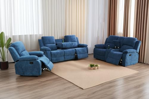 A Ainehome Living Room Furniture Set Recliner Sofa Set Loveseat Chair Furniture Sofa Set for Living Room/Small Space/Rv/House/Office/Theater Seating (A-Blue Microfiber, 3 Piece Set) - color: A-blue Microfiber, size: 3 piece set