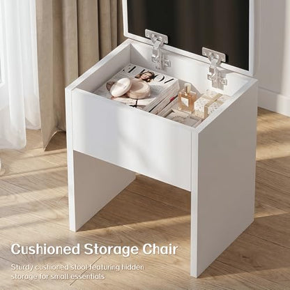 FUXA Makeup Vanity Desk with LED Mirror and Chair Set, White | 3 Lighting Modes, Built-in Charging Station, Storage Drawers and Shelves for Bedroom