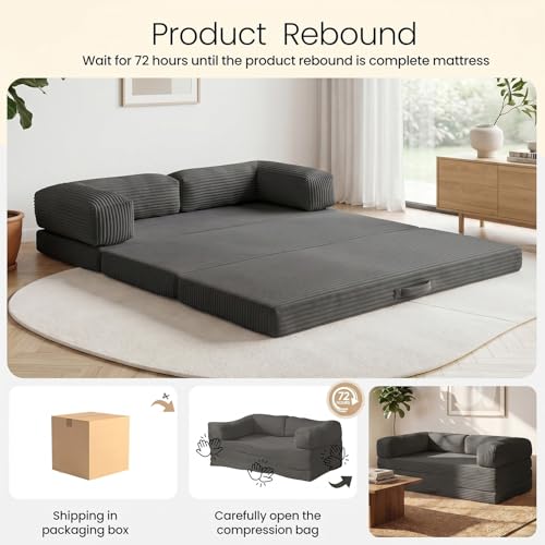 Erament Futon Sofa Bed Queen, Convertible Tri Folding Mattress Couch Bed Foldable with Removable Armrests & Washable Cover, Floor Mattress with High-Density Foam, Small Couch Bed, Queen, Grey - color: Grey, size: Queen