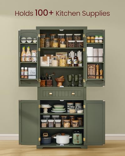VASAGLE Pantry Cabinet, Freestanding Tall Cupboard with a Drawer | Freestanding cupboard with 2 cabinets, 6 adjustable shelves, Forest Green, UBBK561C01 - color: Forest Green, style: Modern