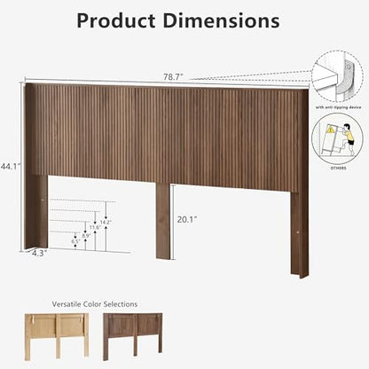 78.7" King Size Wooden Headboard, Fluted Panel Headboard, Walnut | Mid Century Modern Head Board, Wall Mounted Headboards, Wingback Retro Style Head Board for Adjustable Bed, Easy to Assembly - color: Walnut, size: King
