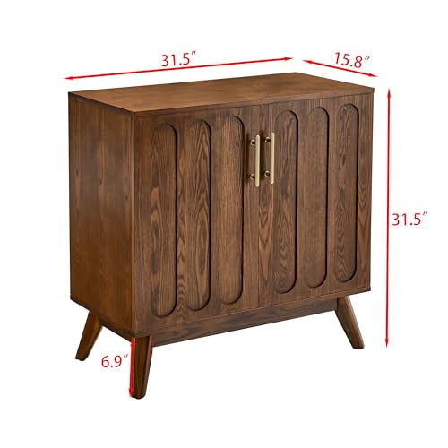 Small Sideboard Buffet,Mid Century Modern Storage Cabinet with Doors | Real Wood Veneer Credenza Storage Cabinet,Living Room Accent Cabinet,Small Walnut Sideboard Buffet,Boho Bar Cabinet - color: Walnut