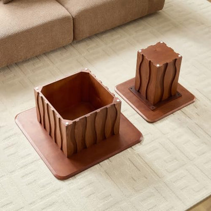 Nesting Coffee Table Set of 2 with Wavy Fluted Base, Brown | 31.5" & 21.65", 2PCS Center Tables, Square Tea Table, Easy to Assemble, Mid-Century Modern, for Living Room Office - color: 31.5" & 21.65" - Brown