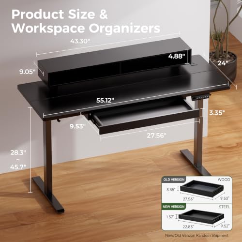 GTPLAYER Electric Standing Desk with Drawers, 55 x 24 Inch Height Adjustable Gaming Desk with Monitor Stand, Power Outlets & LED Lights, Home Office Sit Stand Up Desk with Memory Preset (Black) - color: Black, size: 55*24"
