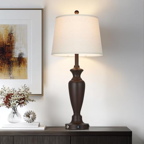 Cinyirong 30" Tall Brown Table Lamp for Living Room, 3-Way Dimmable Touch Control Bedside Lamp for Bedroom Nightstand with USB A+C Ports & AC Outlet (1 Pack) - color: Brown (1 Pack)