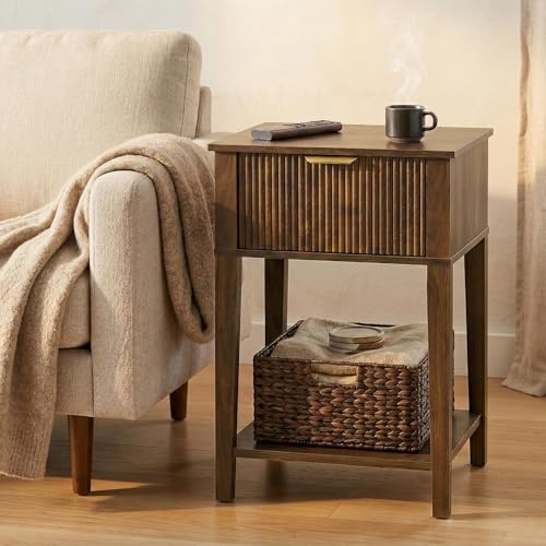 FuniXpress Small Nightstand, 15" Wide, Drawer and Shelf, Dark Walnut Fluted | Deep walnut tone, clean fluted front, 11.8-inch slim depth, smart storage, fits bedside, sofa side, or small spaces - color: Dark Walnut