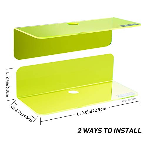 OAPRIRE 9 Inch Floating Wall Shelves Set of 2 - Personalize Expand Wall Space - Acrylic Small Wall Shelf for Bathroom, Bedroom, Living Room, Office, with Cable Clips - Clear Green | Strong Tape Adhesive Wall Shelf, Easy Installation, Hole Design with Cabl