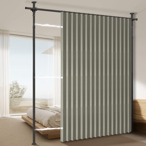 100% Blackout Room Divider Curtains Sets Grey W100 x L84 in 1 Panel No Drill Curtain Rods(H) 43-120×(W) 35-100 in for Bedroom Privacy Partition Separator - color: Grey, size: 100"W x 84"L (Pack of 1)