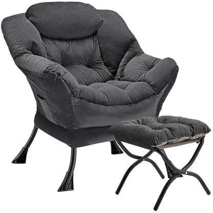 Lazy Chair with Folding Ottoman Modern Large Accent Chair,Contemporary Lounge Leisure Sofa Chair with Armrests Upholstered Sofa Armchair Reading Chair for Bedroom,Dorm & Office (Dark Grey-f) - color: Dark Grey
