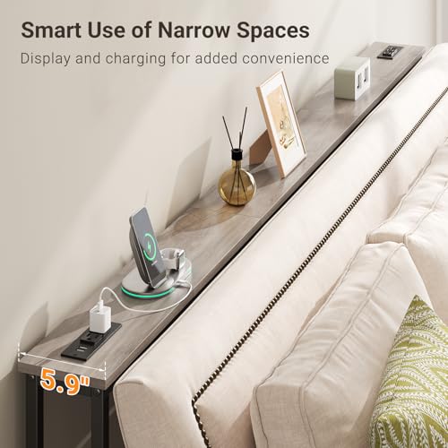 ELYKEN 78.8'' Narrow Console Table with Outlet, Sofa Table Behind Couch | Skinny Entryway Tables with Charging Station for Living Room, Hallway, 5.9 x 78.8 x 29.5in, Gray - color: Grey, size: 5.9"DX78.8"WX29.5"H