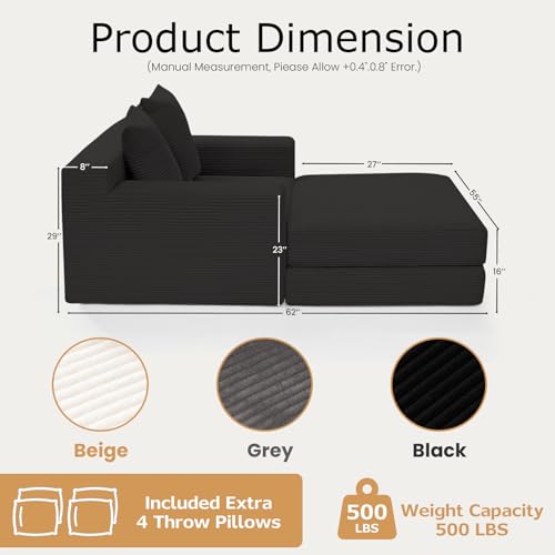 cidludto Convertible Futon Sofa Bed with Ottoman, 5 in 1 Folding Couch Bed Loveseat, Corduroy Boneless Couch with Deep Seat for Living Room Chaise Lounge Chair Indoor, No Assembly Required, Black - color: Black, size: Sofa Bed-55''