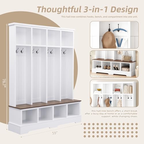 Merax Farmhouse Hall Tree with Bench and Shoe Storage, 59" Entryway Bench with Coat Rack, 8 Hooks and Top Compartments, 3-in-1 Entryway Hall Tree for Hallway, Living Room, White - color: White